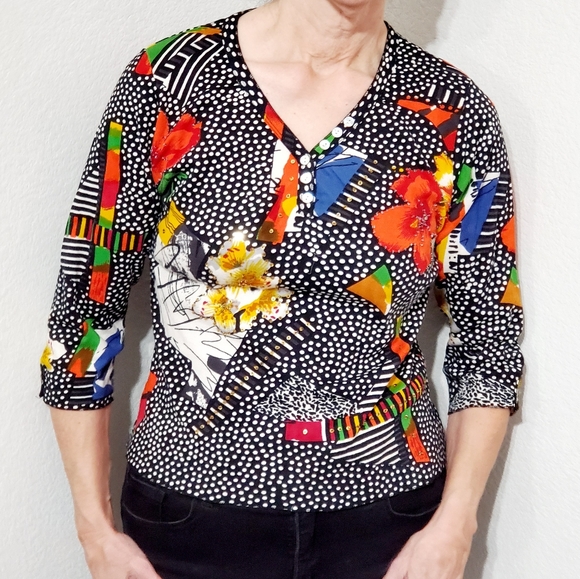 Zachi Abstract floral, dots embellished and collaged print top sz.Lg.80s - Picture 1 of 7